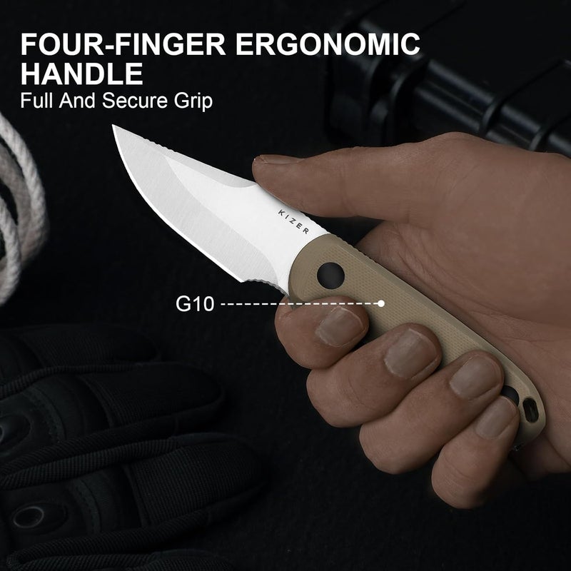 KIZER Drop Bear Fixed Blade Knife, 2.6" AEB-L Satin Blade EDC Hunting Knife with Tan G10 Handle & Built-in Tools, Outdoor Small Camping Survival Knives with Adjustable Kydex Sheath, 1092A2 - Image 5